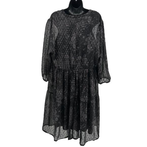 Torrid Midi Dress WMNS 2X Black Gray Swiss Dot Sheer Tiered Long Sleeve V-Neck - Picture 5 of 6